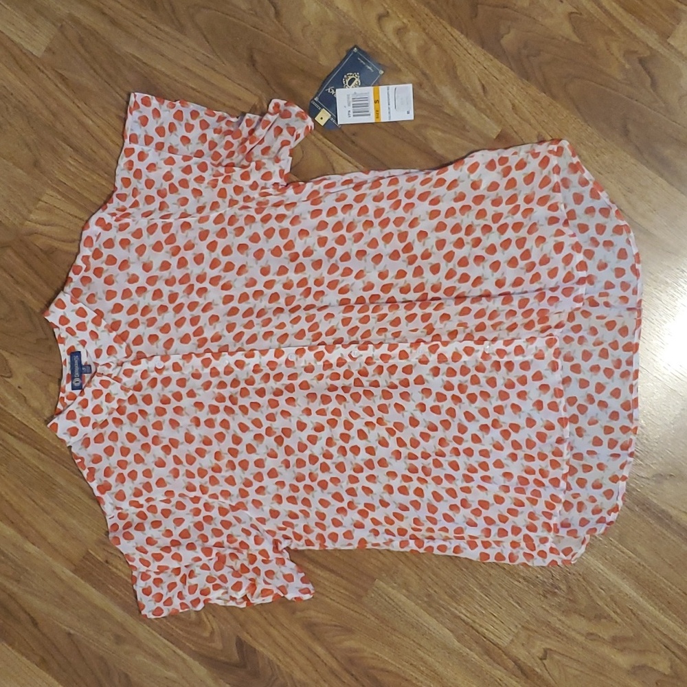 Democracy NWT Womens Flutter Sleeve Apple Shirt Blouse Sz S- Off White/Poppy Red
